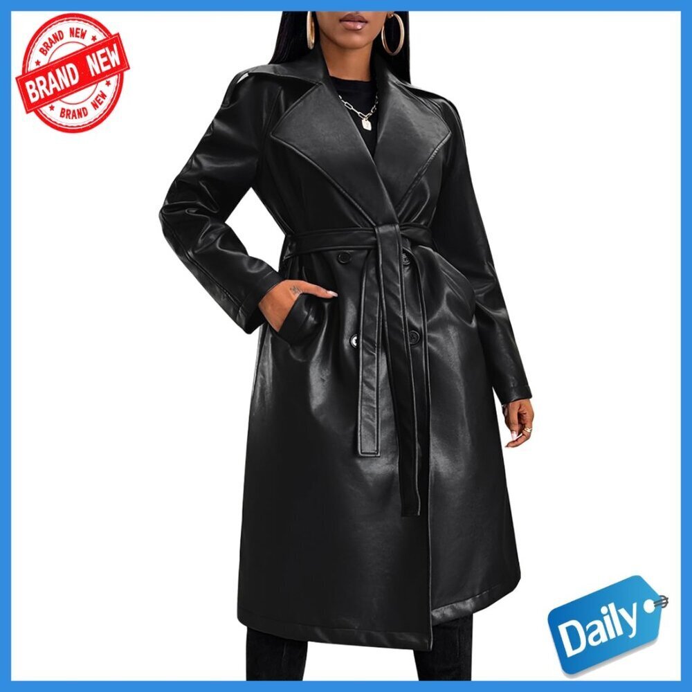 Faux Leather Trench Coat with Belt, Long Sleeve, Knee Length, Open Front